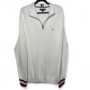 Tommy Hilfiger XXL White Quarter Zip Sweater Waffle Knit Red Blue Trim